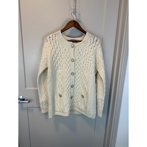 Vintage NWOT Aran Crafts Merino Wool Cable Knit Cardigan Cream Ivory Size Medium - Picture 2 of 7